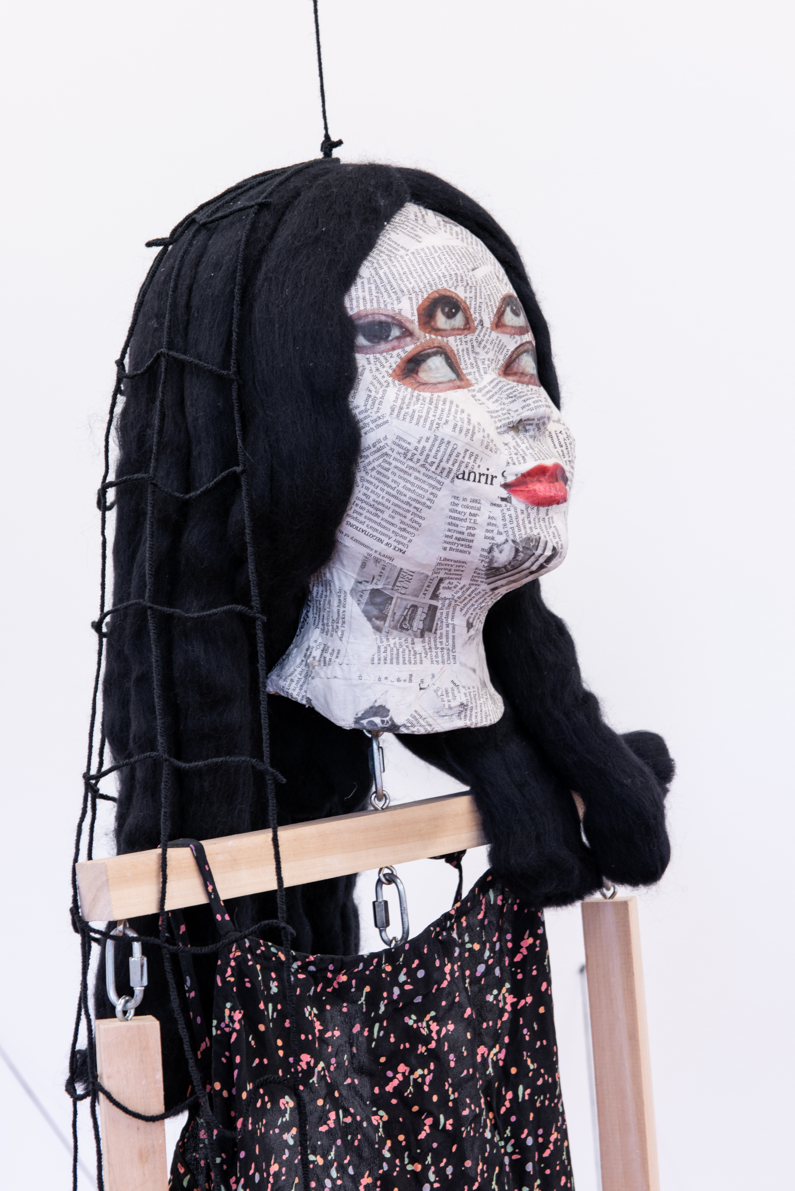 Spider Ladies (Maggie II), 2015Papier mâché, clothes, wool strings, wood / Courtesy the artist