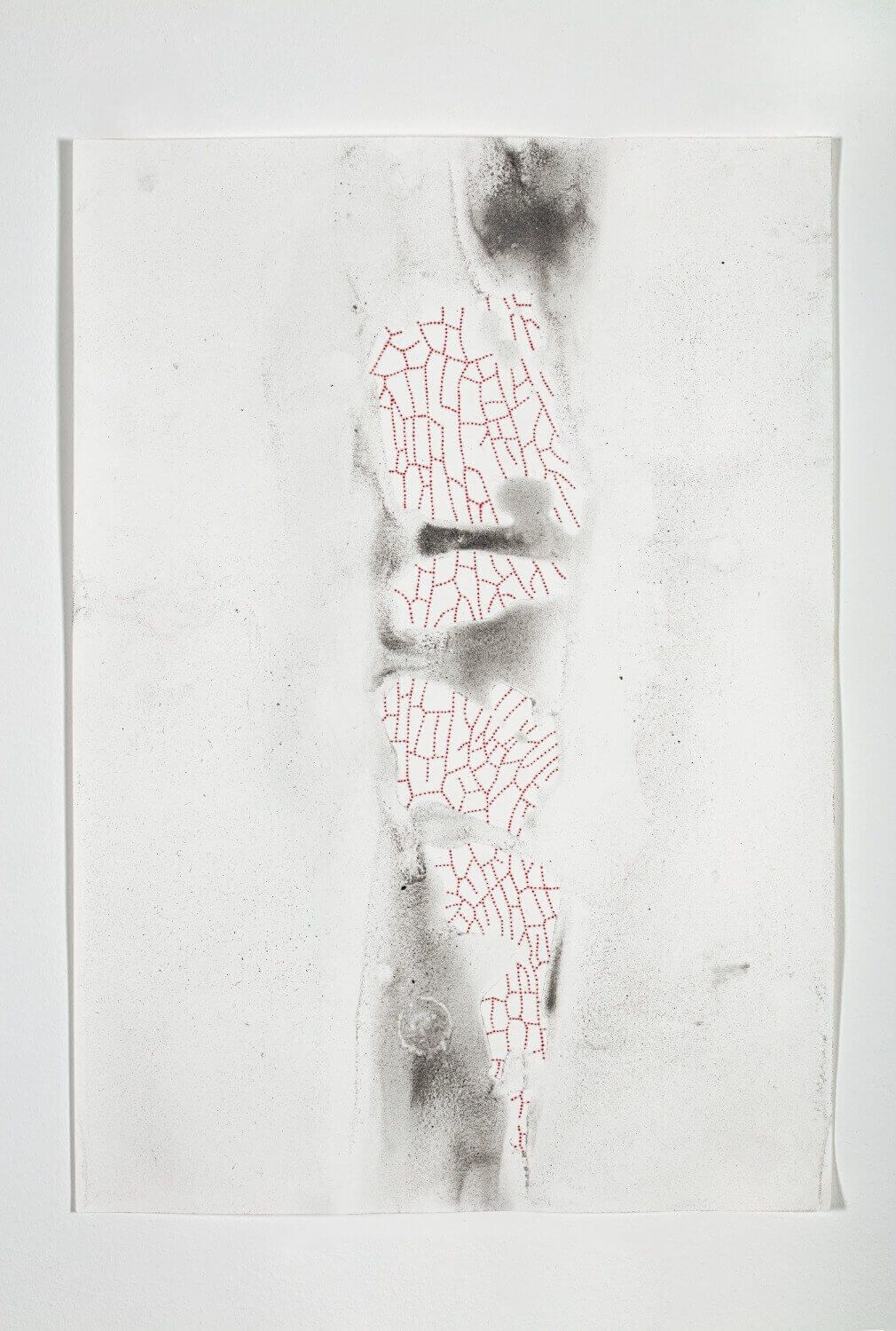 Life Without Air Life Without Air (Mesophyll), 2022 /
Silk Cut cigarette ash, polyethylene microspheres 500–850 μm, pencil, and water on and in paper, framed /
35.6 × 47.8 × 3.3 cm /
Photo: Lucy Dawkins