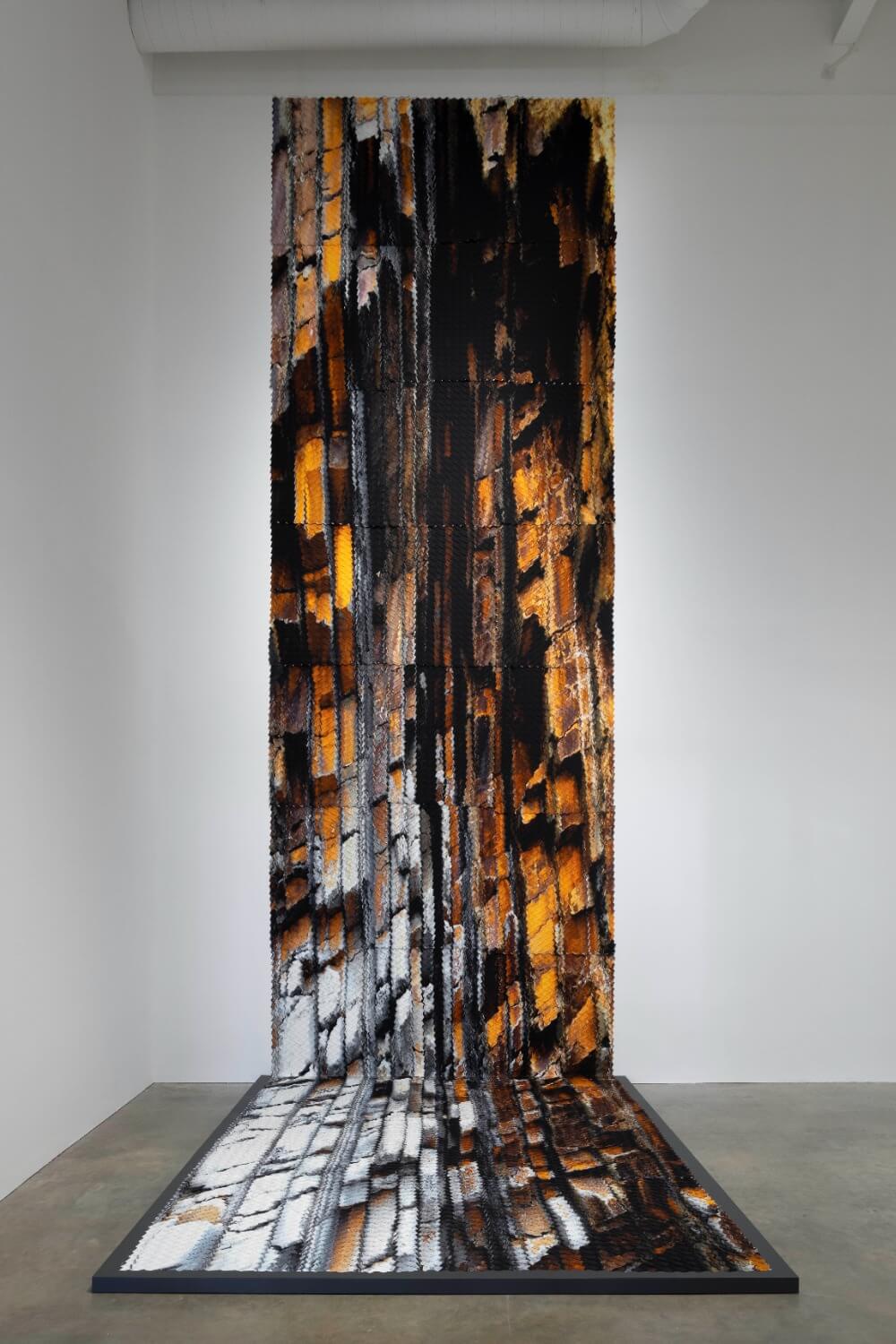 Soft Sediment Deformation (Iron Bodies), 2023 /

Opal pleated inkjet prints on and in heavy crepe de Chine / ca. 800 × 200 × 270 cm /
Photo: Rob Harris