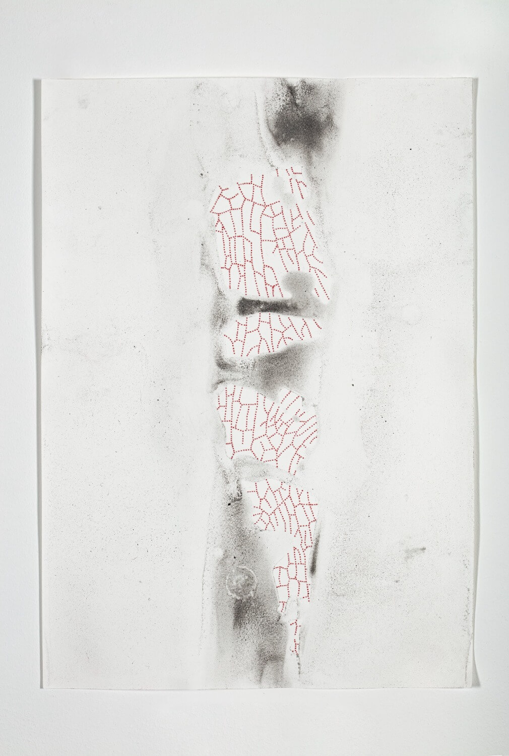 Life Without Air (Mesophyll), 2022 /
Silk Cut cigarette ash, polyethylene microspheres 500–850 μm, pencil, and water on and in paper, framed /
35.6 × 47.8 × 3.3 cm /
Photo: Lucy Dawkins