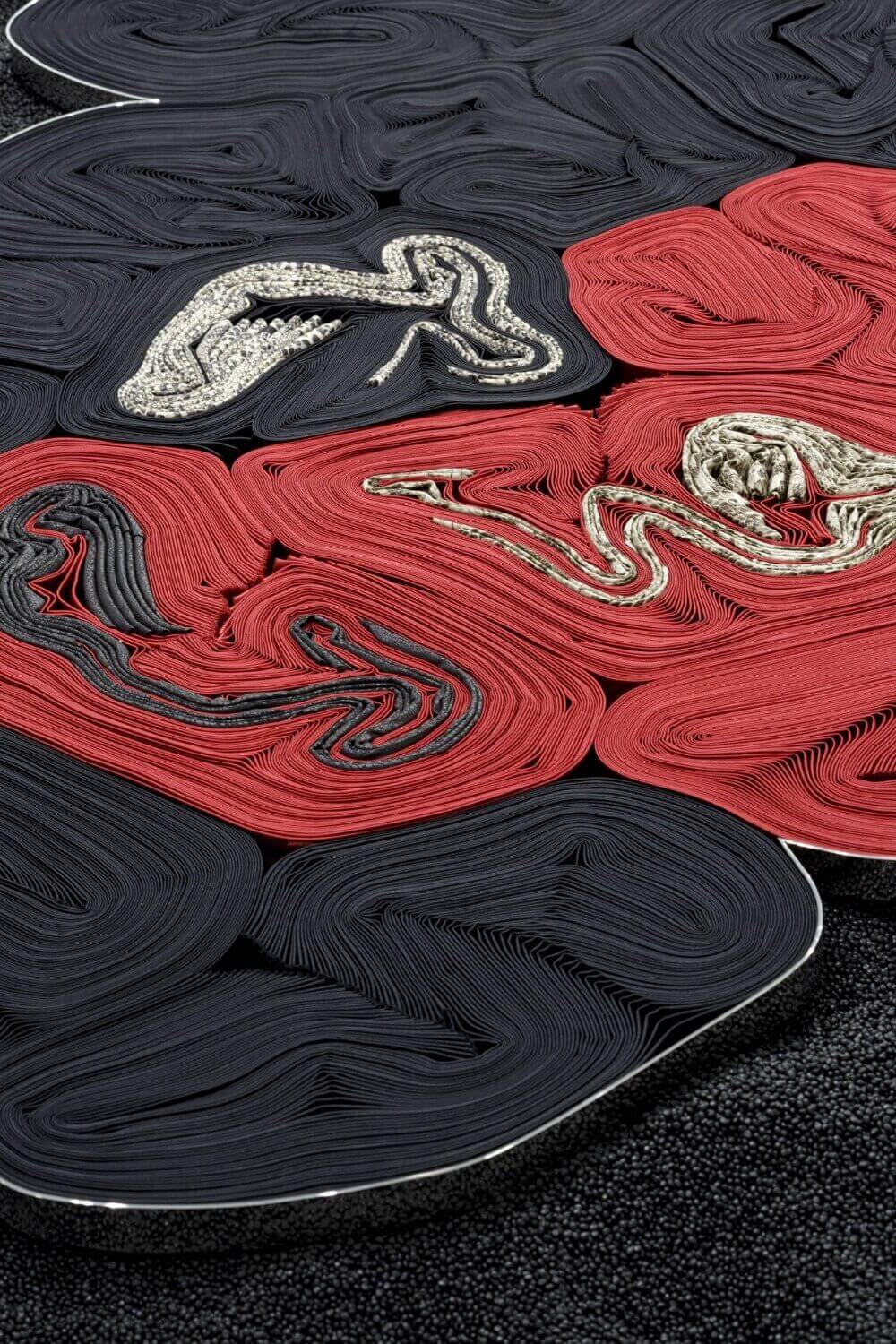 Birthing Pool Birthing Pool, 2019 /
Accordion pleated high-tech lamé, accordion pleated polyester satin, accordion pleated “women ladies animal leopard snake PU PVC wet look shiny legging fashion pant new”, accordion pleated “sexy ladies high waist wet look skinny leather leggings pants trousers black”, mirror-polished stainless steel, pelletised and recycled HDPE /
372 × 172 × 8.5 cm / Installation: variable dimensions /
Photo: Tim Bowditch